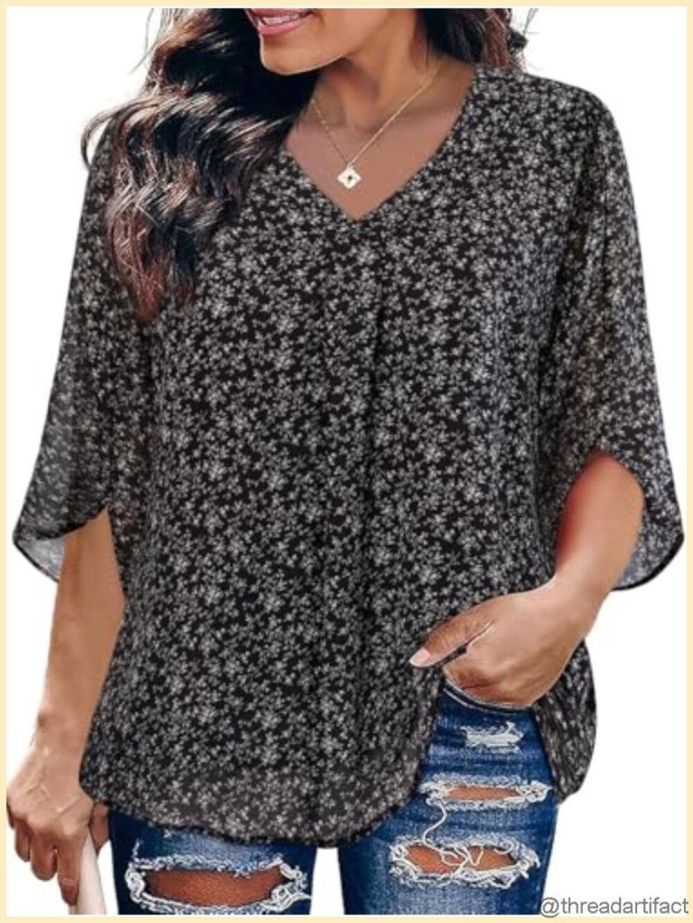 Womens Plus Size Chiffon Blouse 3/4 Bell Sleeve V Neck Dressy Top